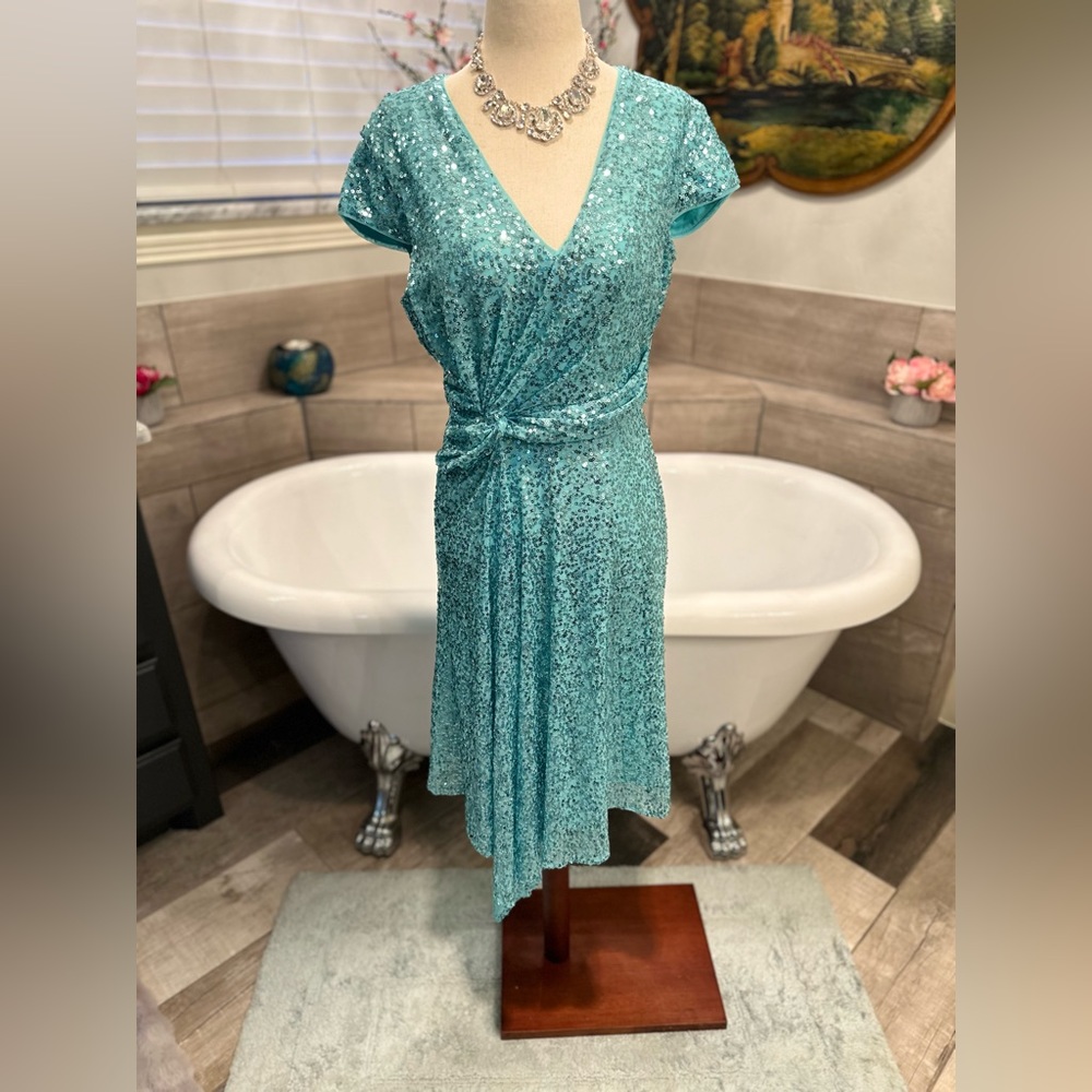 NWT Maggy London Aqua Teal Sequin Asymmetrical Spring Fling Dress 4 - Picture 11 of 12